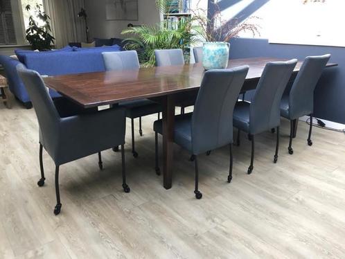 Set van 7 leren eetkamerstoelen - met wieltjes - blauw leer, Huis en Inrichting, Stoelen, Overige kleuren, Nieuw, Leer, Ophalen of Verzenden