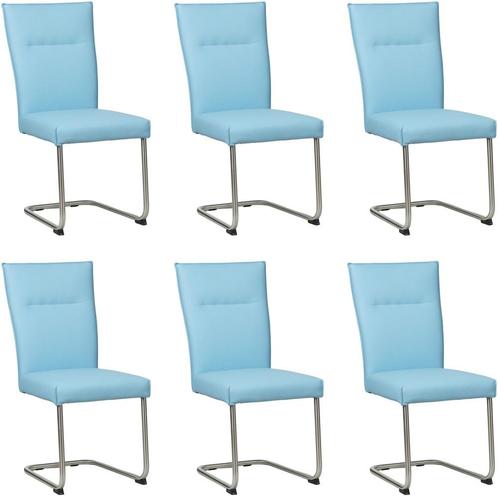 Set van 6 Lichtblauwe leren   - poot rond rvs - Toledo Leer, Huis en Inrichting, Stoelen, Vijf, Zes of meer stoelen, Overige kleuren