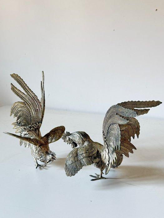 Figuur - Galli combattenti - zilverkleurig, Antiek en Kunst, Antiek | Goud en Zilver