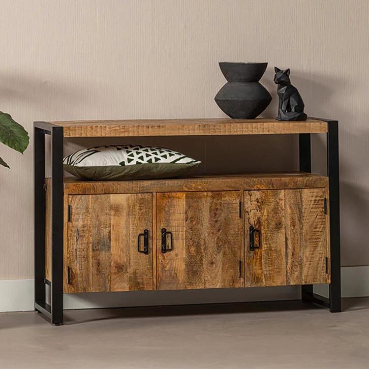 Dressoir Mangohout Britt 140 3 Deuren, Huis en Inrichting, Kasten | Dressoirs, 100 tot 150 cm, 25 tot 50 cm, Nieuw, Overige houtsoorten