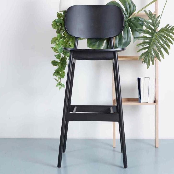 30% korting | Houten barkruk | Zwart gebeitst | 77cm, Huis en Inrichting, Barkrukken, Nieuw, 1 kruk, Hout, 90 cm of meer, Verzenden