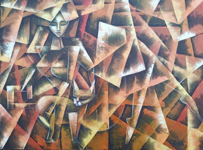 Jií Petr - XL Woman with cat , ready to hang, Antiek en Kunst, Kunst | Schilderijen | Modern