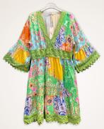 Kleurrijke boho vintage korte jurk met kant in GROEN brede, Nieuw