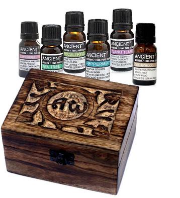 Etherische olie set - 6 stuks in houten doos beschikbaar voor biedingen