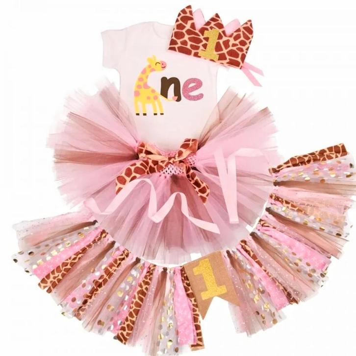 Luxe 1e verjaardag tutu set met stoffen stoel slinger Giraf, Kinderen en Baby's, Babykleding | Maat 80, Setje, Meisje, Nieuw, Verzenden