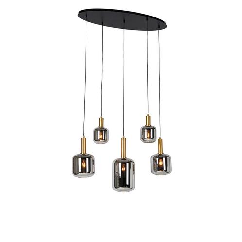 Hanglamp zwart met goud en smoke glas ovaal 5-lichts -, Huis en Inrichting, Lampen | Hanglampen