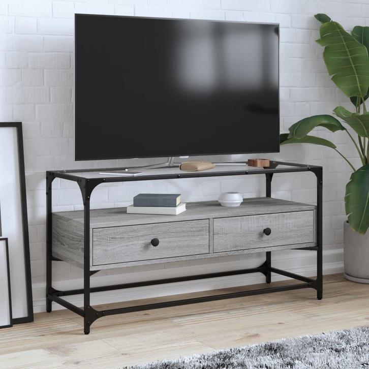 vidaXL Tv-meubel met glazen blad 98x35x51 cm bewerkt hout, Huis en Inrichting, Kasten | Televisiemeubels, Nieuw, Overige houtsoorten