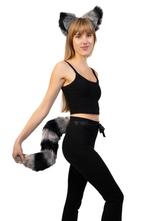 Haarband Furry Oren Staart Set Grijs Zwart Strepen Maki Wasb, Ophalen of Verzenden, Nieuw, Carnaval, Accessoires