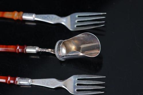 2x Vorkjes 1x Suikerlepel met Agaat handvat - Bestekset -, Antiek en Kunst, Antiek | Goud en Zilver