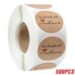 500 stickers labels rol handmade with love hartje kraft, Nieuw, Ophalen of Verzenden