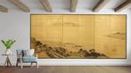 Byôbu  (vouwscherm) - Gelakt hout, gouden zijde, papier -, Antiek en Kunst