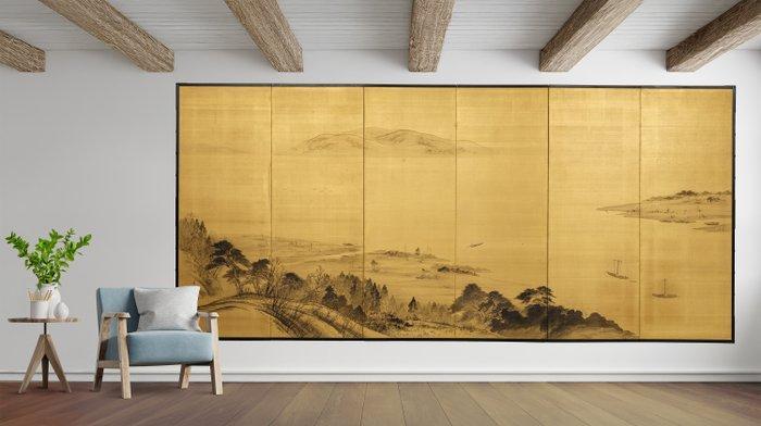 Byôbu  (vouwscherm) - Gelakt hout, gouden zijde, papier -, Antiek en Kunst, Antiek | Overige Antiek