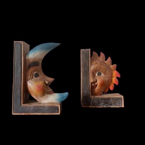 Boekensteunen - Hout - Zon en Maan - 1930/1940, Antiek en Kunst, Curiosa en Brocante