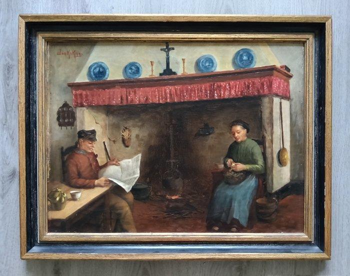 Willem de Kok (1883-1959) - Interieur met boer en boerin, Antiek en Kunst, Kunst | Schilderijen | Klassiek