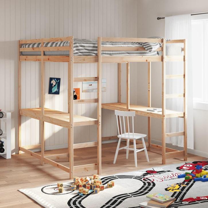 vidaXL Hoogslaper met bureau en ladder massief grenenhout, Huis en Inrichting, Slaapkamer | Bedden, 140 cm, 200 cm, Bruin, Tweepersoons