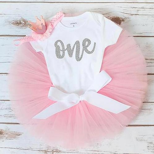 3-delig luxe 1e verjaardag setje One roze, goud en ivoor, Kinderen en Baby's, Babykleding | Maat 80, Jurkje of Rokje, Meisje, Nieuw