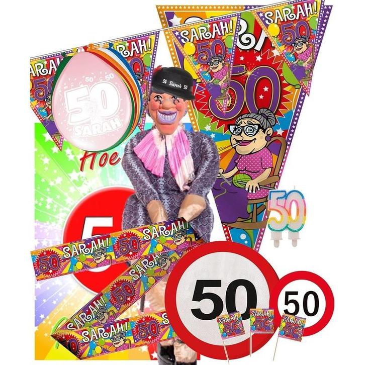 Vijftig/50 jaar Sarah feestartikelen pakket XL versiering .., Hobby en Vrije tijd, Feestartikelen, Verzenden