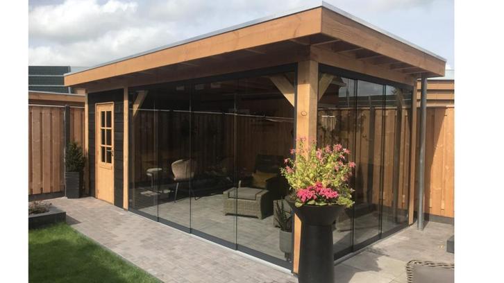 ALL-IN DEAL - Plat dak overkapping met glazen schuifwanden!, Tuin en Terras, Overkappingen, Veranda, Nieuw, Ophalen of Verzenden