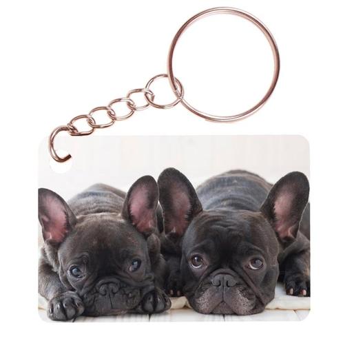 Sleutelhanger 6x4cm - Franse Bulldog Pups Duo op Kleed NIEUW, Verzamelen, Sleutelhangers, Nieuw, Ophalen of Verzenden