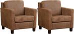 Bruine leren landelijke fauteuils - poot hout bruin - Kenia, Huis en Inrichting, Fauteuils, Nieuw, Ophalen of Verzenden, Landelijk