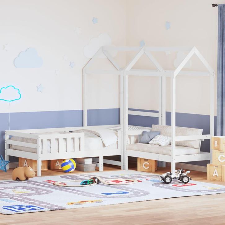 vidaXL Kinderbed met huisje en bankje massief grenenhout wit, Huis en Inrichting, Slaapkamer | Bedden, 100 cm, 200 cm, Wit, Eenpersoons