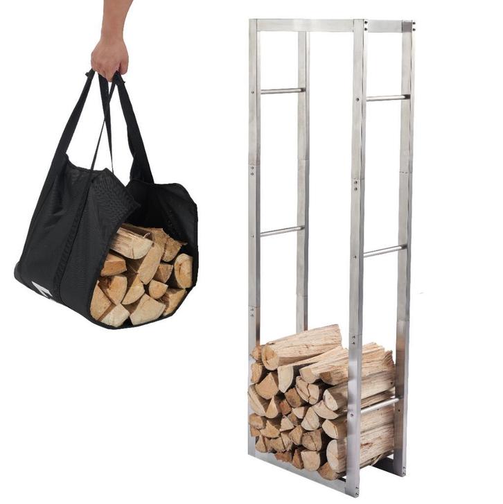 Houtopslag brandhoutrek haardhout 50x25x148cm + draagtas RVS, Tuin en Terras, Haardhout, Verzenden
