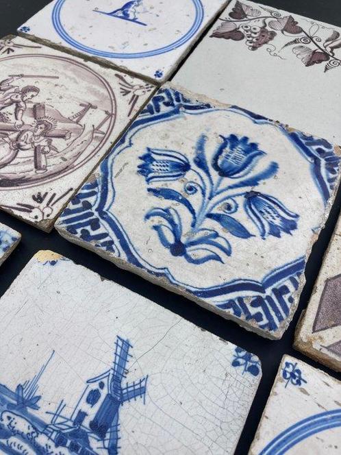 Tegel - Antieke Delfts blauwe tegels met drie tulp, molen,, Antiek en Kunst, Antiek | Glas en Kristal