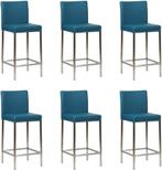Set van 6 Blauwe leren moderne barkrukken - poot vierkant rv, Overige kleuren, Nieuw, Leer, Ophalen of Verzenden