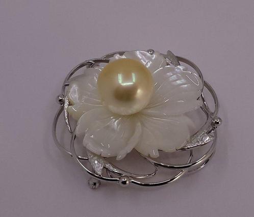 Broche 12,7 mm ronde gouden Zuidzee parel - parelmoer -, Sieraden, Tassen en Uiterlijk, Antieke sieraden