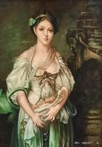 R. De Greef (XX) - Meisje met bloemen uit de gebroken kruik, Antiek en Kunst, Kunst | Schilderijen | Klassiek