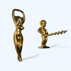 Flessenopener (2) - Verguld messing - Dame en cherub, Antiek en Kunst