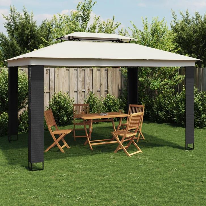 vidaXL Prieel met dubbel dak 3,94x2,96 m staal crèmekleurig, Tuin en Terras, Partytenten, Nieuw, Verzenden