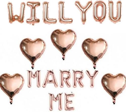 Ballonnen set Will You Marry Me rosé goud met 5 grote harten, Hobby en Vrije tijd, Feestartikelen, Valentijn of Romantisch, Nieuw