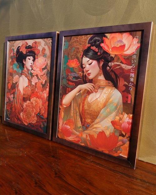 Ksavera - Japanese goddess DS0707 - diptych in frame, Antiek en Kunst, Kunst | Designobjecten