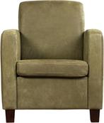 Olijfgroene leren landelijke fauteuil - poot hout zwart - Ke, Huis en Inrichting, Fauteuils, Nieuw, Ophalen of Verzenden, Landelijk