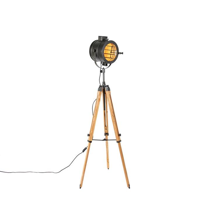 Tripod vloerlamp zwart met hout studiospot - Radient, Huis en Inrichting, Lampen | Vloerlampen, Nieuw, Overige materialen, 150 tot 200 cm