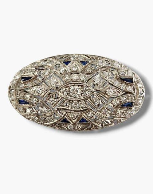 Broche Platina, Art Deco Platina Diamant Saffier grote, Sieraden, Tassen en Uiterlijk, Antieke sieraden