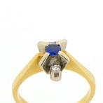 19,2 Krt. Vintage gouden ring met saffier en diamanten 0,..., Gebruikt, Overige kleuren, Ophalen of Verzenden, 17 tot 18