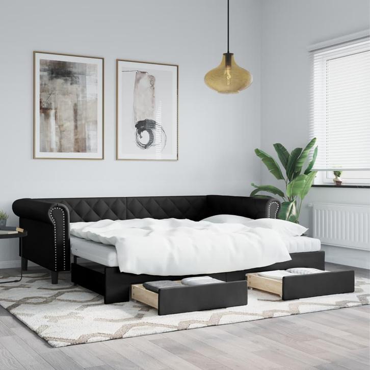 vidaXL Slaapbank met onderschuifbed en lades 90x200 cm, Huis en Inrichting, Slaapkamer | Bedden, 90 cm, 200 cm, Zwart, Eenpersoons
