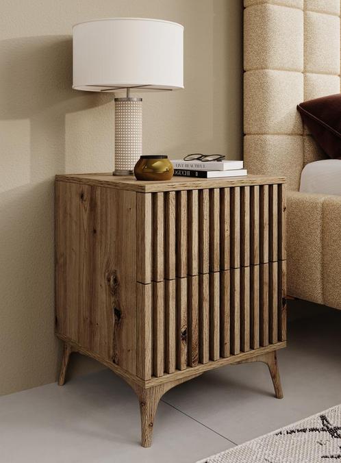 Meubella Nachtkastje eiken 40 cm met 2 lades - Latjes, Huis en Inrichting, Slaapkamer | Nachtkastjes, Nieuw, Verzenden