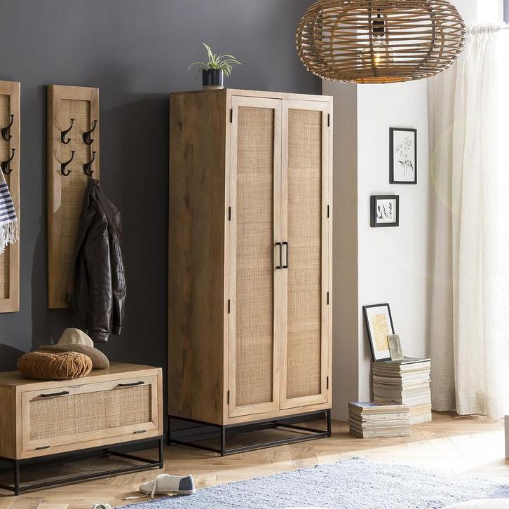 *WOONWINKEL* Wandkast Mangohout En Rotan, Huis en Inrichting, Kasten | Wandmeubels, Nieuw, Verzenden