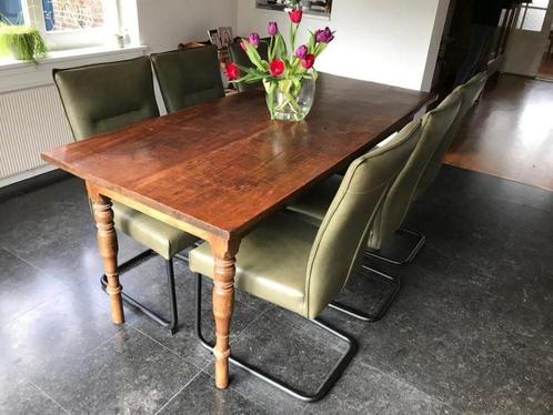 Set van 6 leren eetkamerstoelen - met sledepoot - groen leer, Huis en Inrichting, Stoelen, Overige kleuren, Nieuw, Leer, Ophalen of Verzenden