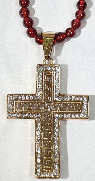 Natuurlijke granaat - AAA++ - Kruis met zirkonias, gouden, Antiek en Kunst, Antiek | Boeken en Bijbels