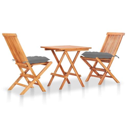 vidaXL 3-delige Bistroset met grijze kussens massief, Tuin en Terras, Tuinsets en Loungesets, Nieuw, 3 zitplaatsen, Teakhout, Verzenden