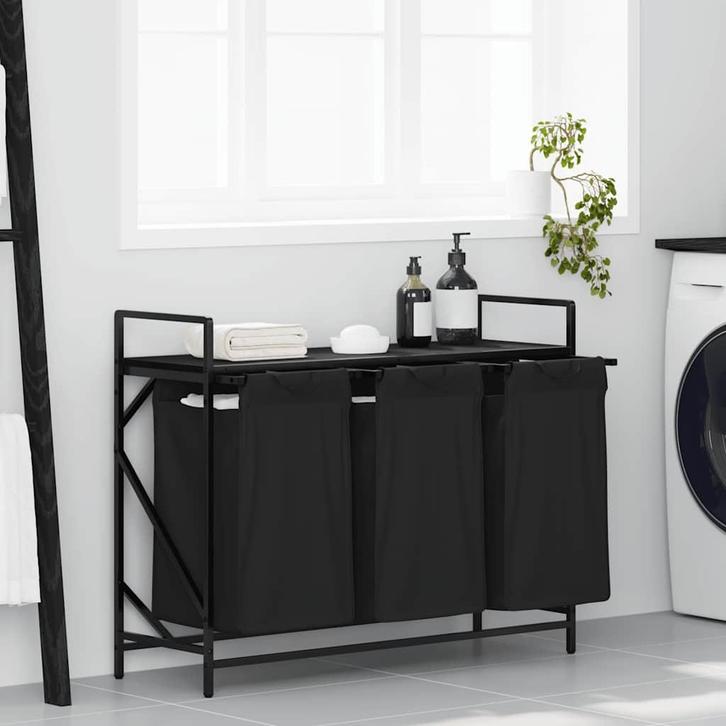 vidaXL Wasmand 3 vakken met plank zwart eikenkleurig, Tuin en Terras, Droogmolens en Wasrekken, Nieuw, Verzenden