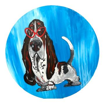 Bassethond met bril - ronde schilderij - blauwe achtergrond beschikbaar voor biedingen