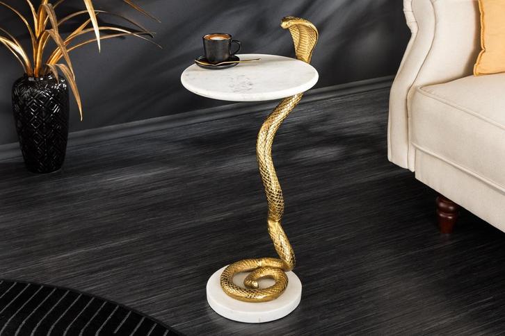 Ronde bijzettafel WILDLIFE COBRA 65cm goud wit marmer slang, Huis en Inrichting, Tafels | Sidetables, Ophalen of Verzenden