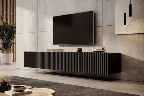 Meubella | TV-Meubel hangend zwart 200cm lamellen, Huis en Inrichting, Kasten | Televisiemeubels, 200 cm of meer, 25 tot 50 cm