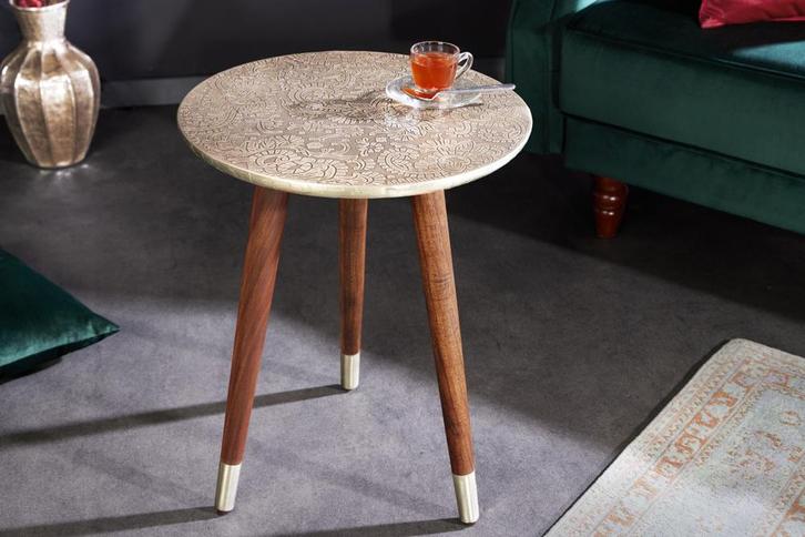 Design bijzettafel ALCAZAR 50cm antiek zilver metaal acacia, Huis en Inrichting, Tafels | Sidetables, Ophalen of Verzenden