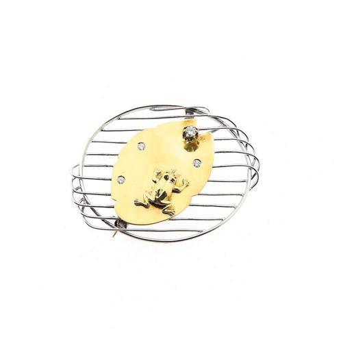 Bicolor gouden broche met diamant; 0,09 ct. | V.U.T., Sieraden, Tassen en Uiterlijk, Broches, Overige kleuren, Gebruikt, Met edelsteen